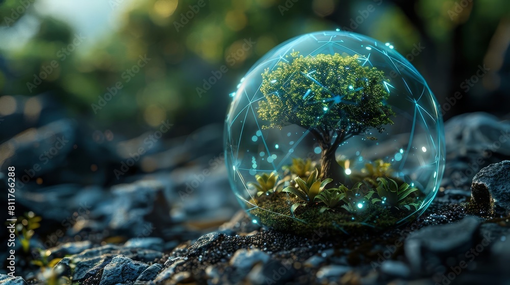 Glass dome as tree protection in digital futuristic polygonal style Glowing growth shielded from the environment by a force field concept of investment in the agricultural sector Glass dome as tree protection in digital futuristic polygonal style Glowing growth shielded from the environment by a force field concept of investment in the agricultural sector