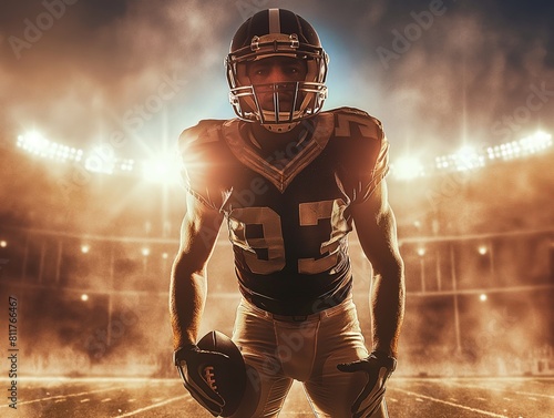 American football player in stance on stadium field, intense lights and smoke in background. photo