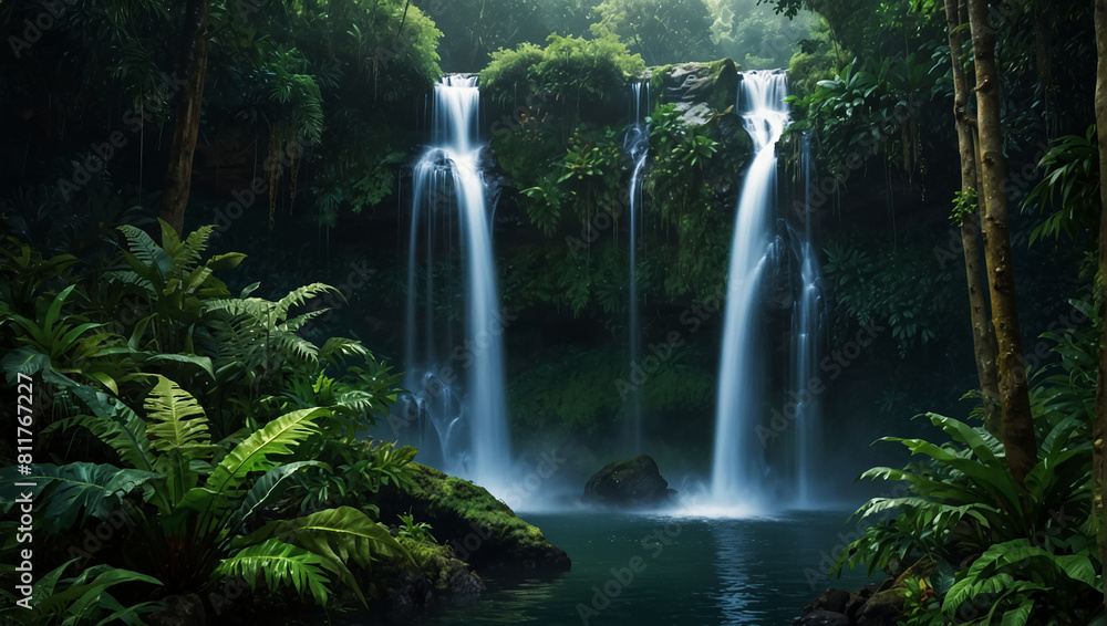 waterfall in a jungle. The waterfall is cascading over a cliff into a pool of water waterfall in a jungle. The waterfall is cascading over a cliff into a pool of water