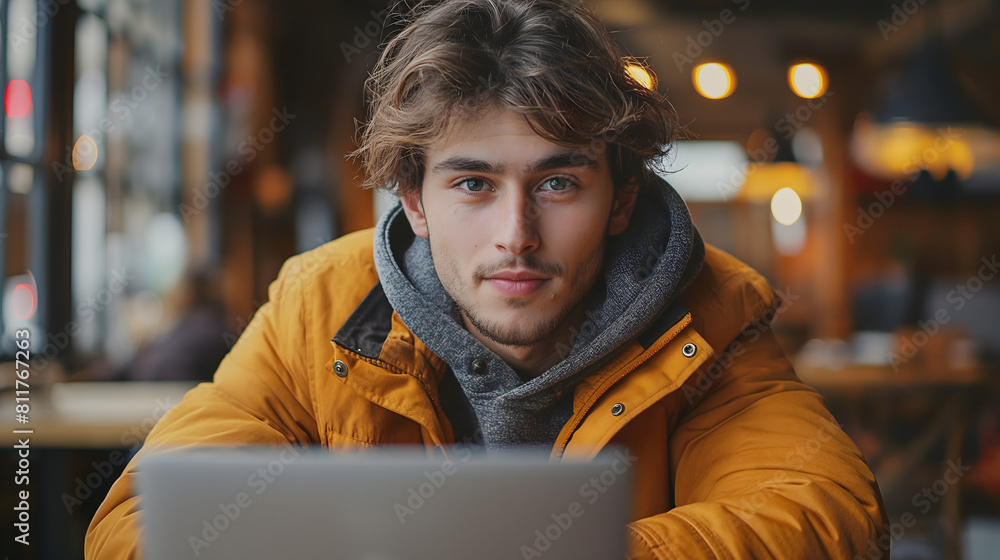 Young man working on laptop, IT programmer freelancer or student with computer in cafe at table looking in camera Young man working on laptop, IT programmer freelancer or student with computer in cafe at table looking in camera