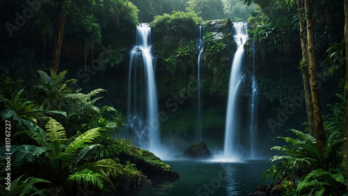 waterfall in a jungle. The waterfall is cascading over a cliff into a pool of water