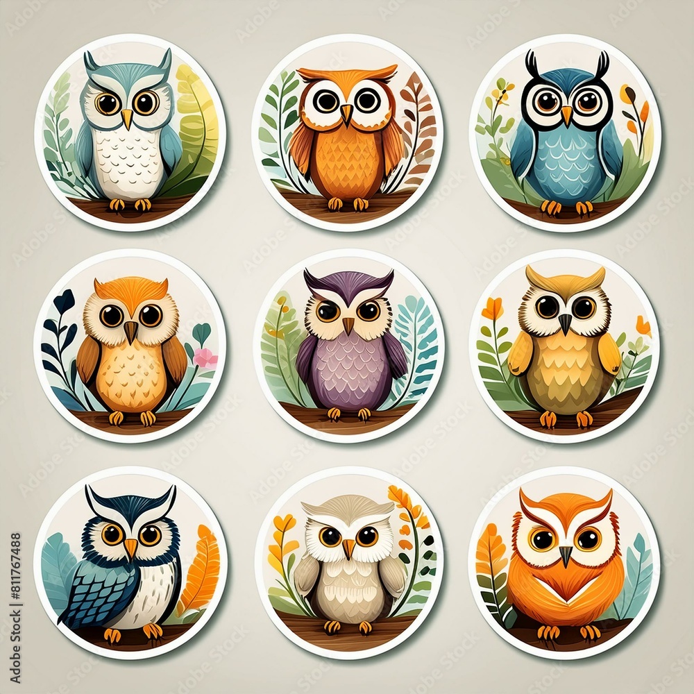 Fototapeta premium Circular Owl Stickers featuring whimsical illustrations of owls 