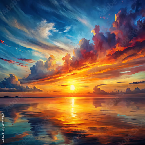 A vibrant sunset over a calm ocean casting colorful reflections on the water 