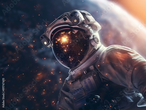 Astronaut contemplating the vastness of space  filled with stars and cosmic dust.