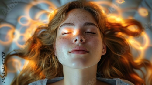A young lady having a hypnotherapy session, relaxed, magical. Generative AI. photo