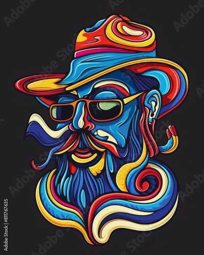 A vibrant painting of a man with a hat and glasses  embodying the spirit of an adventurous traveler