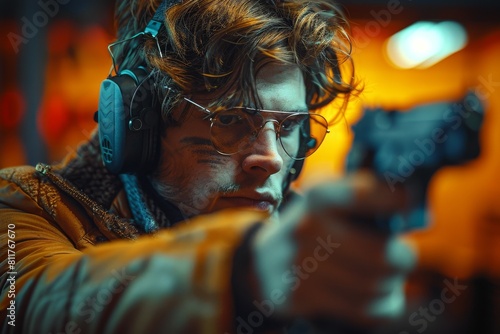 The image captures a person in a shooting range preparing to fire a gun, wearing protective earmuffs, and focusing on the target