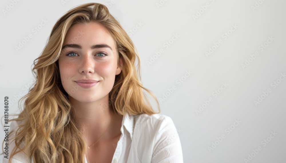 Young Blonde Woman in Elegant White Blouse. Young Blonde Woman in Elegant White Blouse.