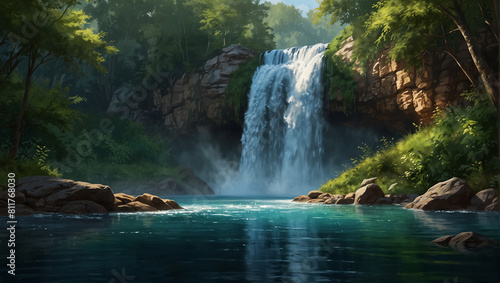 waterfall in a jungle. The waterfall is cascading over a cliff into a pool of water