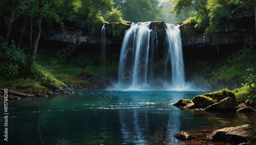 waterfall in a jungle. The waterfall is cascading over a cliff into a pool of water