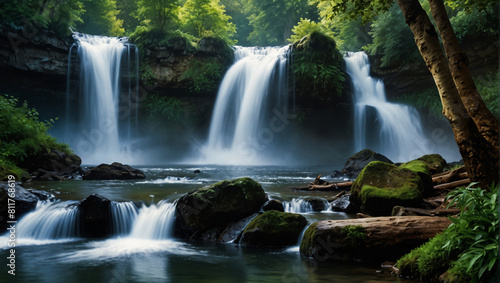 waterfall in a jungle. The waterfall is cascading over a cliff into a pool of water