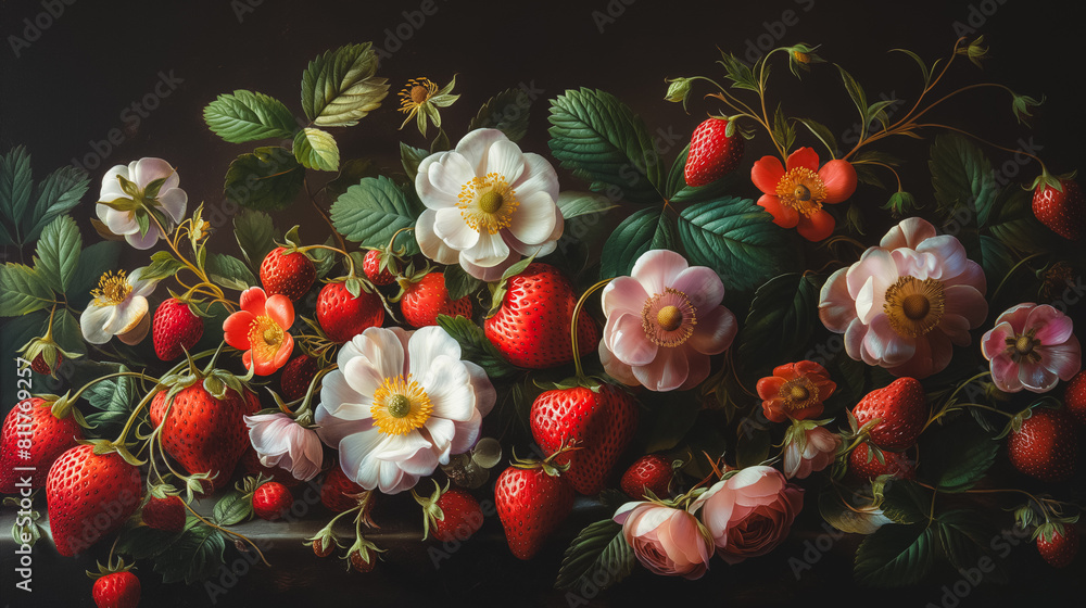 A painting of a bouquet of flowers and strawberries. The painting is ...