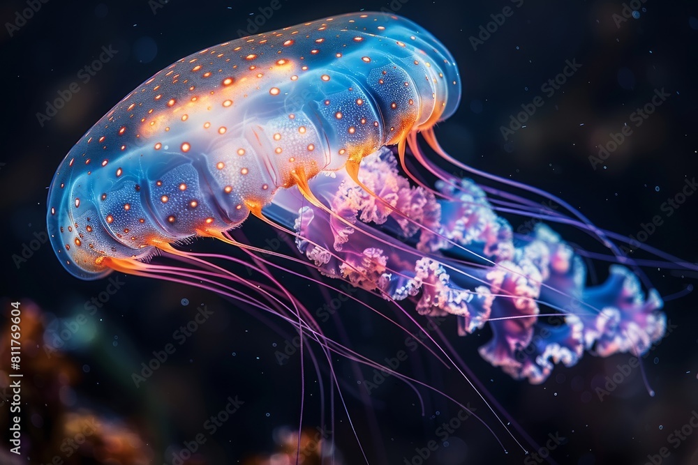 A mesmerizing image capturing the delicate details of a glowing jellyfish with vibrant colors floating underwater A mesmerizing image capturing the delicate details of a glowing jellyfish with vibrant colors floating underwater