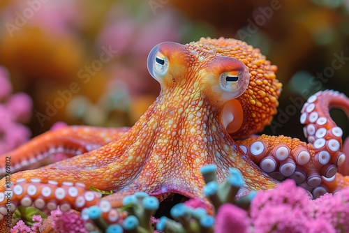 Close-up view of an orange octopus with detailed suction cups against a colorful coral reef environment
