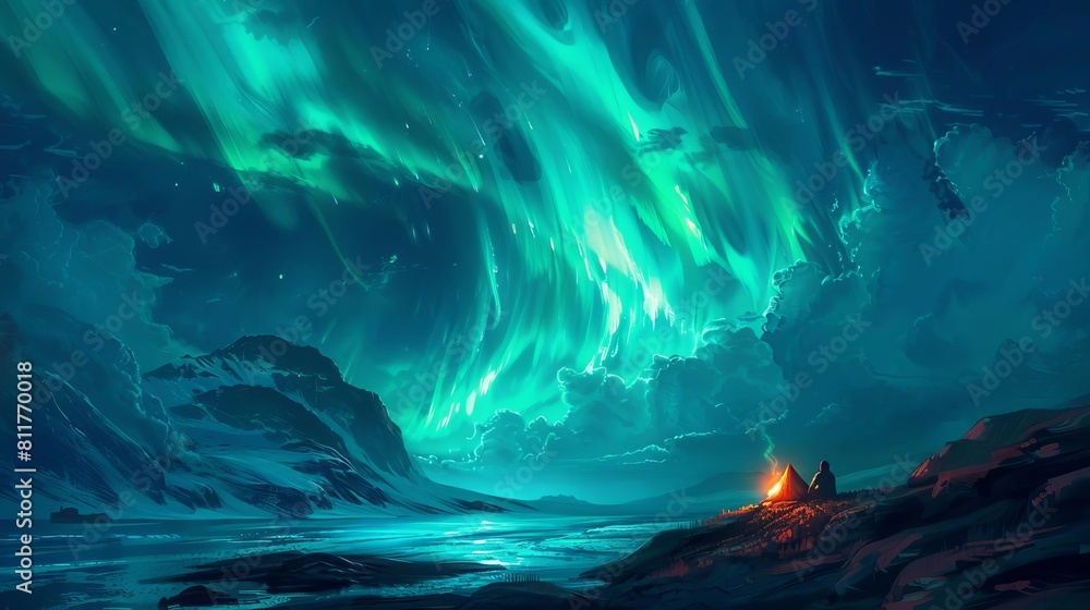 A serene depiction of a couple in sleeping bags, watching the aurora dance across the sky from a cliffside camp