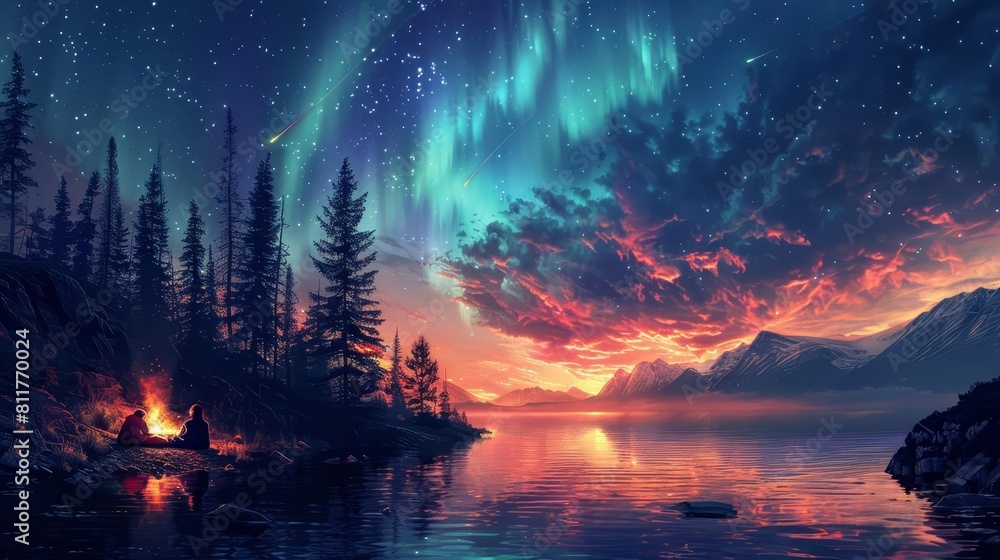 A serene depiction of a couple in sleeping bags, watching the aurora dance across the sky from a cliffside camp A serene depiction of a couple in sleeping bags, watching the aurora dance across the sky from a cliffside camp