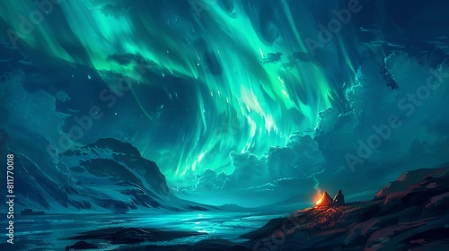 A serene depiction of a couple in sleeping bags, watching the aurora dance across the sky from a cliffside camp © Nawarit