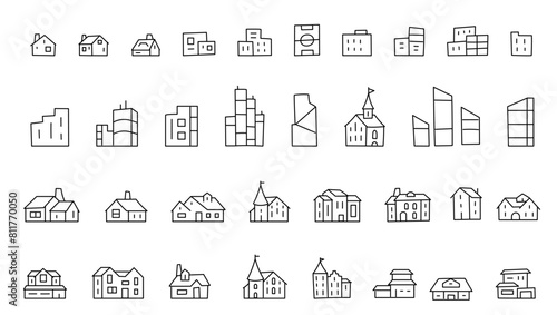 Buildings icons set. Separate elements of the architecture map. Editable outline. Vector line. © ilyakalinin