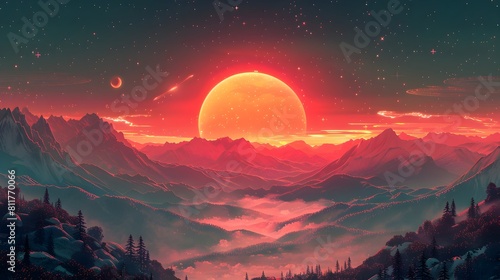 Sun Rising Over Tranquil Landscape with Planets and Stars in Space