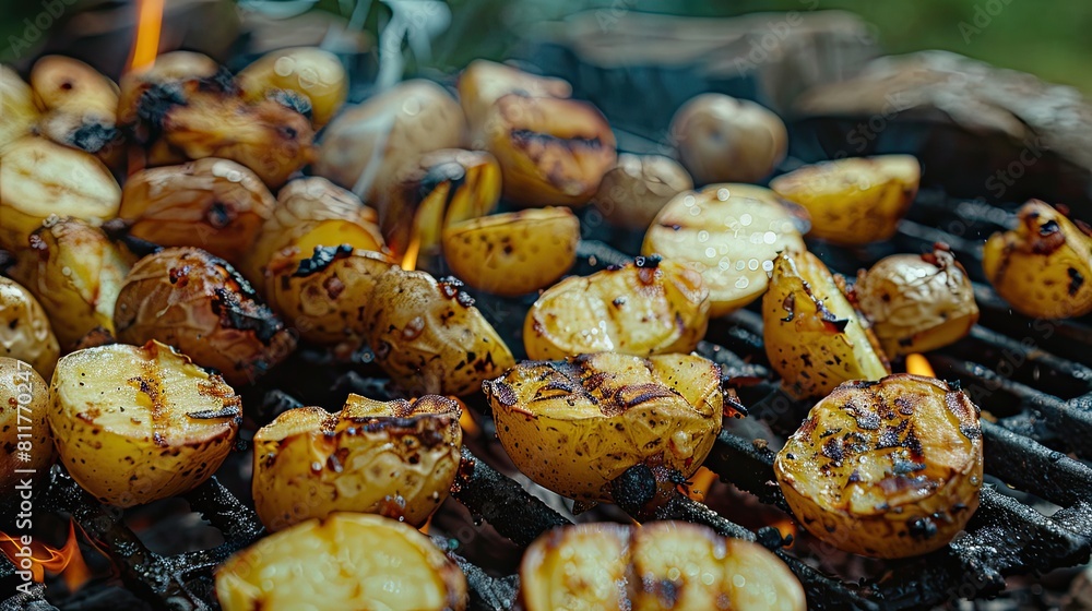 fried potatoes on the barbecue against the background of nature. Selective focus fried potatoes on the barbecue against the background of nature. Selective focus