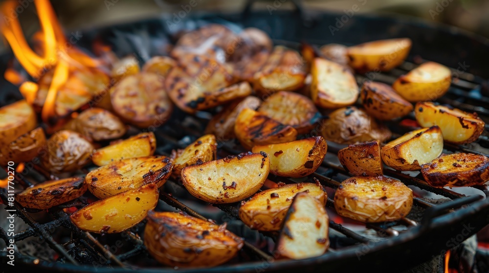 fried potatoes on the barbecue against the background of nature. Selective focus fried potatoes on the barbecue against the background of nature. Selective focus