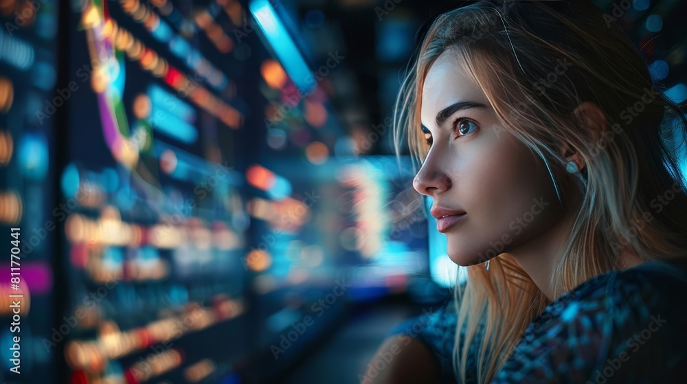 Portrait of Woman Creating a Software and Coding, Surrounded by Big Screens Displaying Lines of Programming Language Code Female Programmer Working in a Monitoring Room Futuristic Portrait of Woman Creating a Software and Coding, Surrounded by Big Screens Displaying Lines of Programming Language Code Female Programmer Working in a Monitoring Room Futuristic