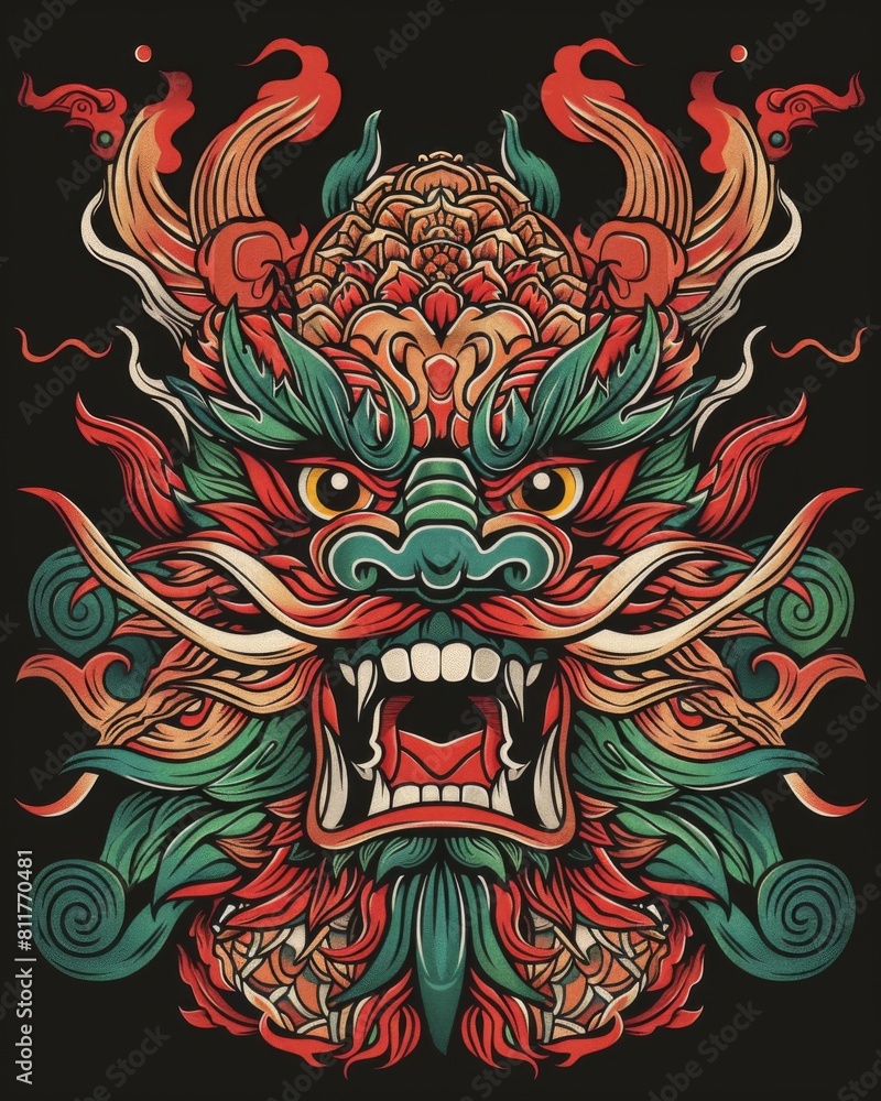 A dragon-faced mask with intricate details, set against a striking black background