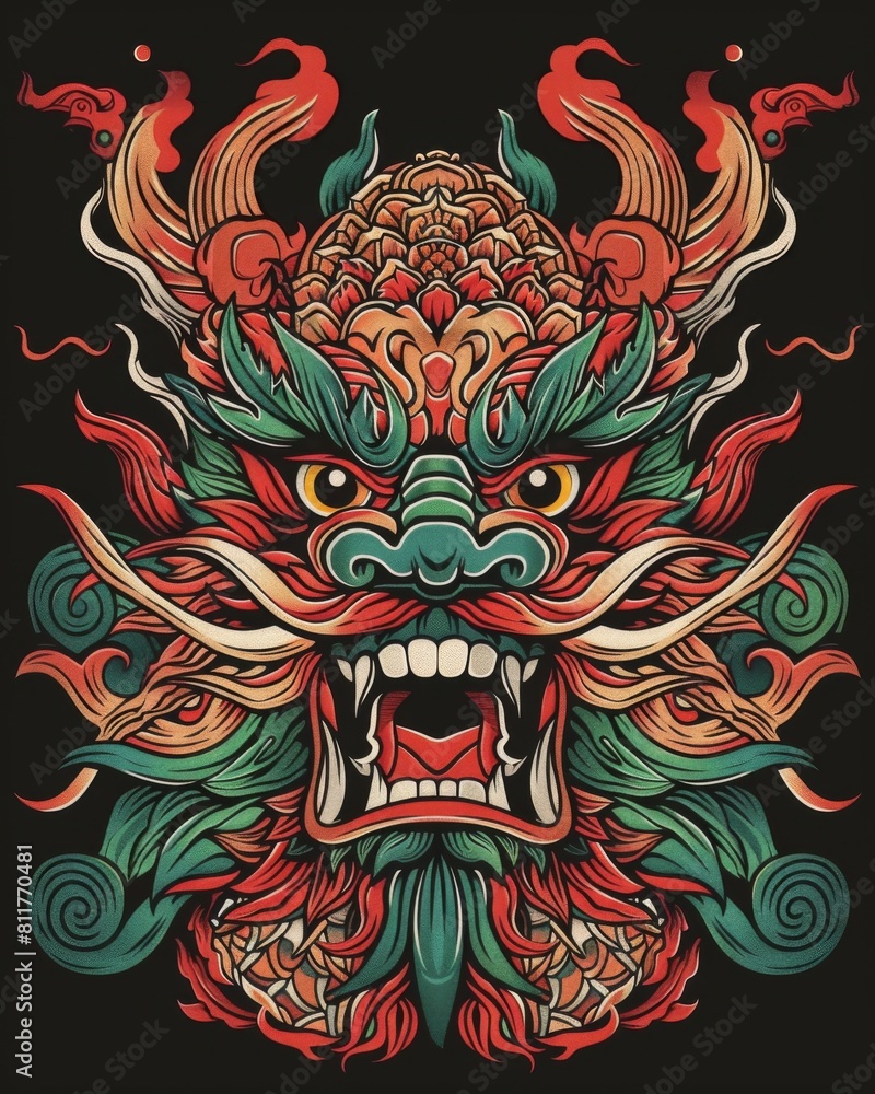 A dragon-faced mask with intricate details, set against a striking black background A dragon-faced mask with intricate details, set against a striking black background