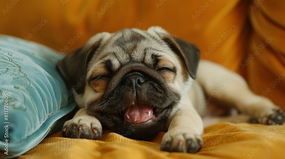 A sleepy pug puppy yawning while curled up on a plush pillow in a quiet corner of a living room
