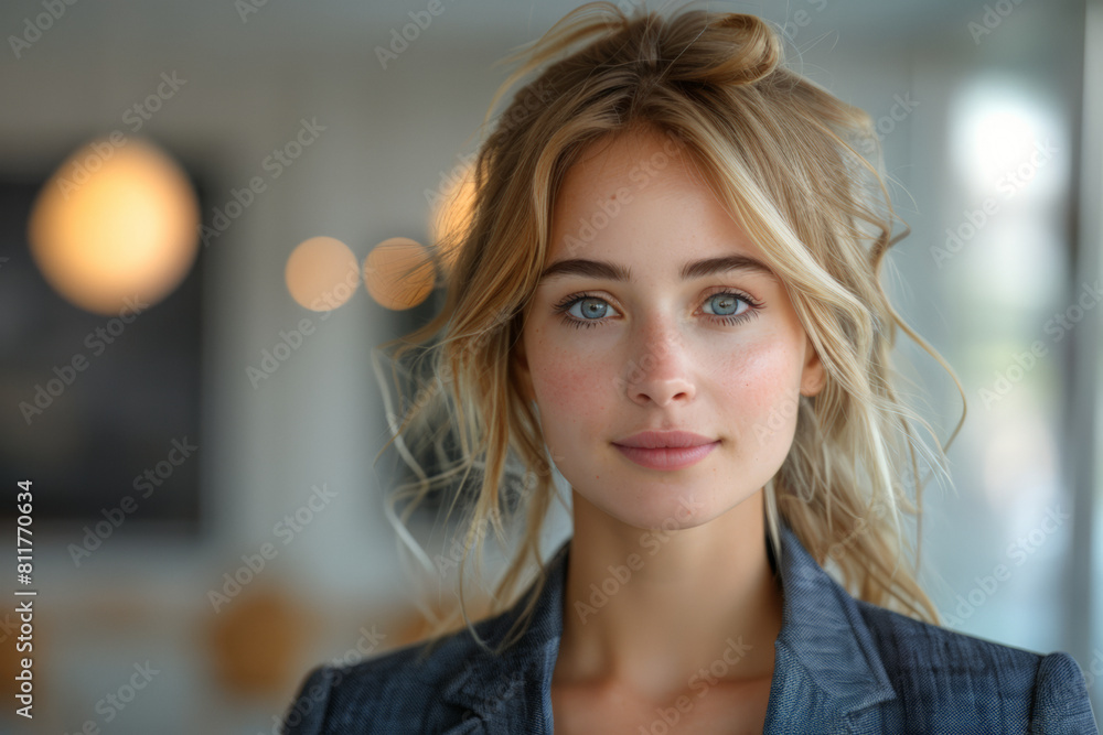 Close-up portrait of young caucasian model in business suit in blurred office room interior Close-up portrait of young caucasian model in business suit in blurred office room interior