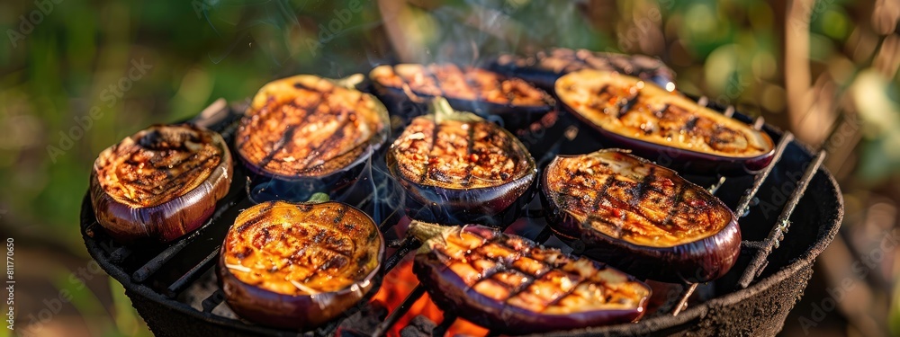 Fototapeta premium grilled eggplants on the grill against the background of nature. Selective focus