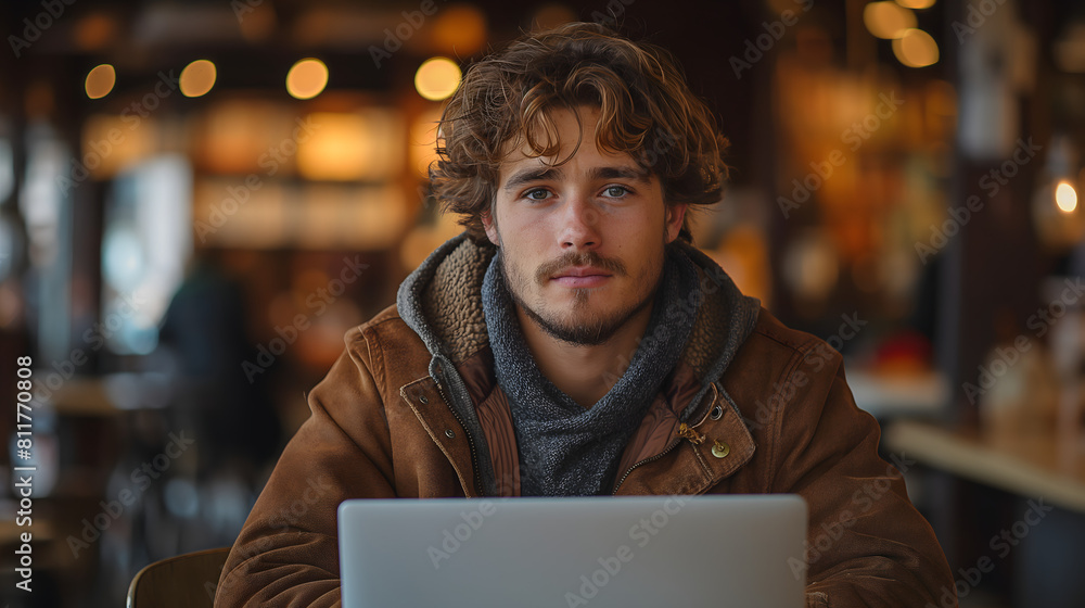 Young man working on laptop, IT programmer freelancer or student with computer in cafe at table looking in camera