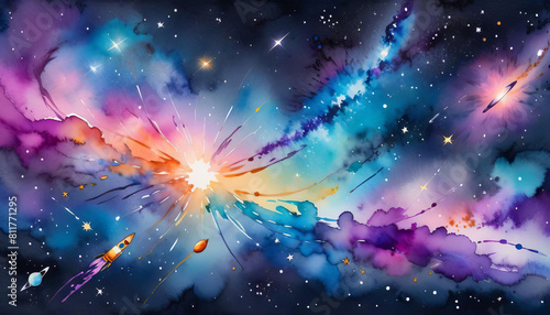 drawn aquarelle watercolor hand background astro texture border watercolour brush illustration cosmos elongated stroke galaxy night sky cosmic colorful stars shape frame space long edge universe star photo