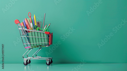 Shopping cart with different school stationery on gree photo