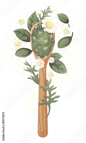 Wooden spoon with chamomile, daisy loose tea. Tea shop, cafe, bar, party, tea ceremony, green tea, food concept. Vector illustration for poster, banner, menu, website