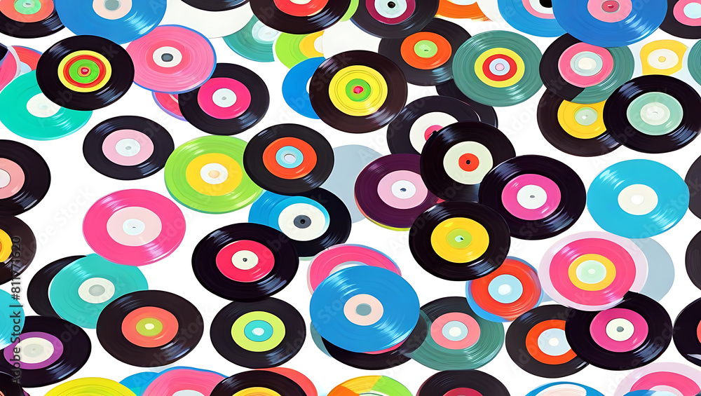 Vinyl music discs placed in a pattern on a white background with seamless design and plain white base, simple Vinyl music discs placed in a pattern on a white background with seamless design and plain white base, simple