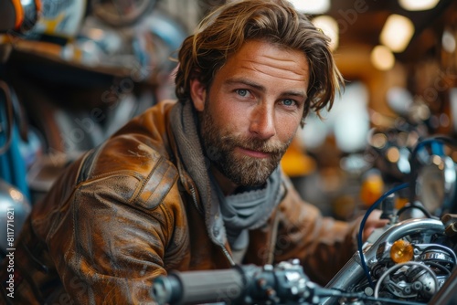 Attractive bearded man sitting on a motorbike in a cozy workshop, embodying biker culture