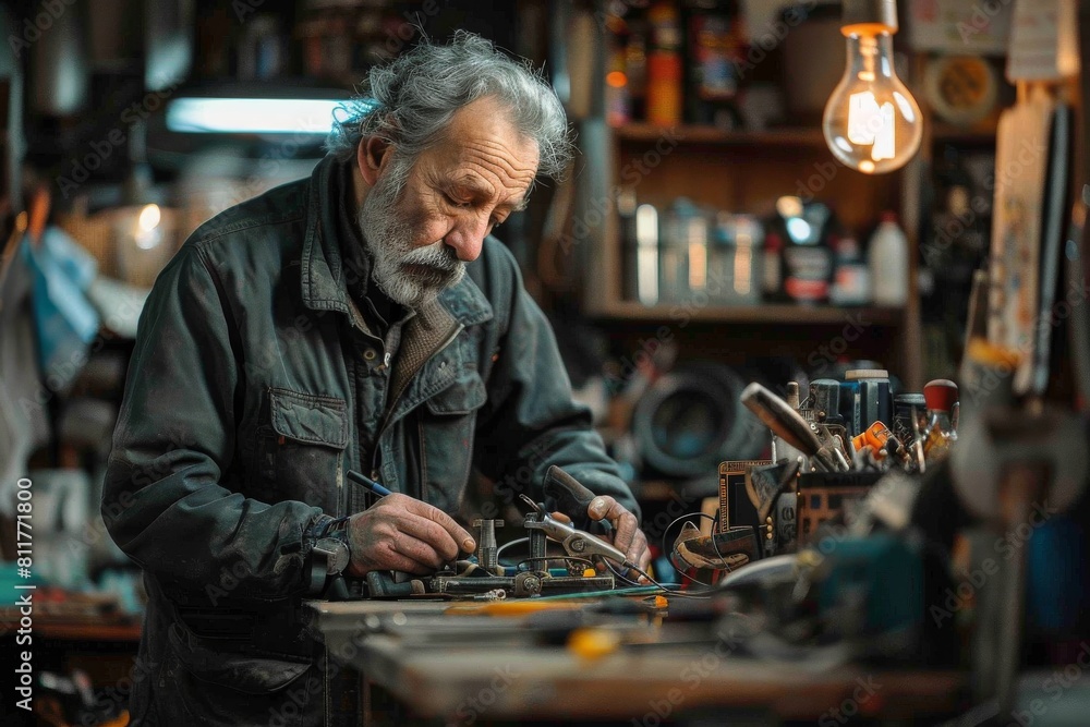 An artisan intensely focused on a fine manual task amidst a setting of assorted vintage tools in a cozy workshop An artisan intensely focused on a fine manual task amidst a setting of assorted vintage tools in a cozy workshop