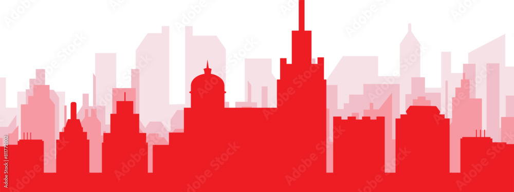 Obraz premium Red panoramic city skyline poster with reddish misty transparent background buildings of MARSEILLE, FRANCE