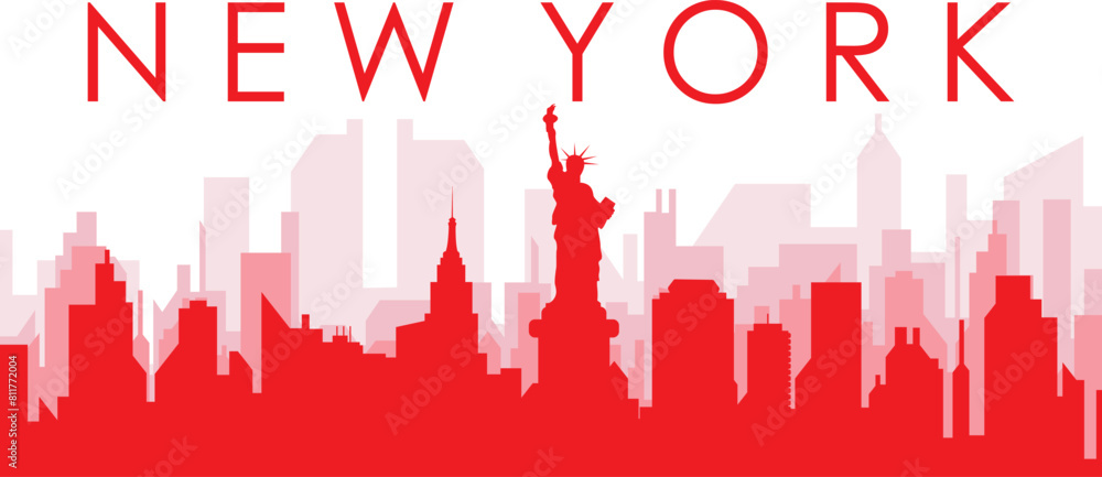 Red panoramic city skyline poster with reddish misty transparent background buildings of NEW YORK CITY, UNITED STATES Red panoramic city skyline poster with reddish misty transparent background buildings of NEW YORK CITY, UNITED STATES