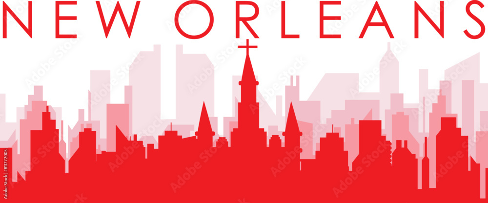 Red panoramic city skyline poster with reddish misty transparent background buildings of NEW ORLEANS, UNITED STATES Red panoramic city skyline poster with reddish misty transparent background buildings of NEW ORLEANS, UNITED STATES