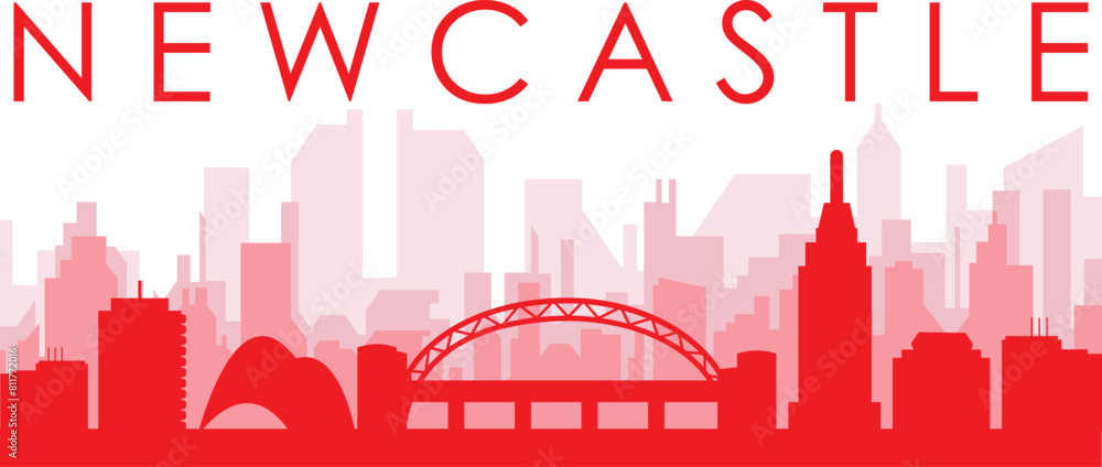 Red panoramic city skyline poster with reddish misty transparent background buildings of NEWCASTLE, UNITED KINGDOM Red panoramic city skyline poster with reddish misty transparent background buildings of NEWCASTLE, UNITED KINGDOM