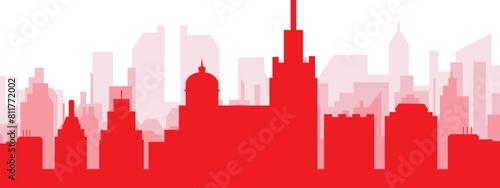 Red panoramic city skyline poster with reddish misty transparent background buildings of MARSEILLE, FRANCE