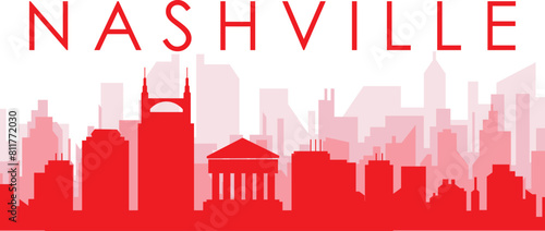 Red panoramic city skyline poster with reddish misty transparent background buildings of NASHVILLE, UNITED STATES