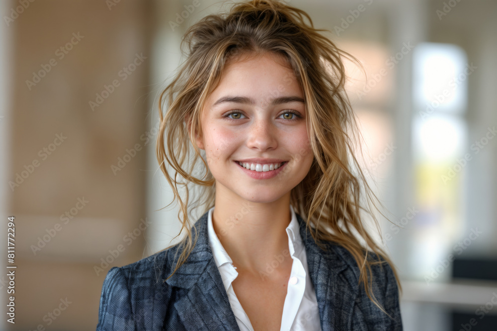Young businesswoman standing in a modern office room, portrait for promotional material Young businesswoman standing in a modern office room, portrait for promotional material