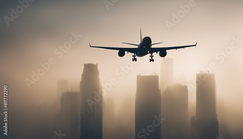 silhouette of a passenger plane flying over two skyscrapers  warm light  foggy weather 