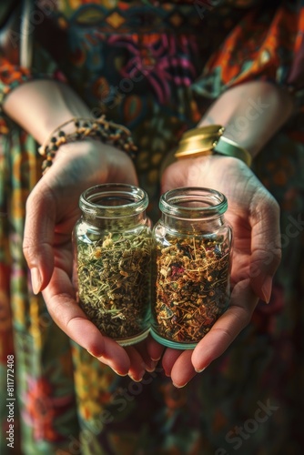 close-up of a woman holding supplements with herbs in her hands