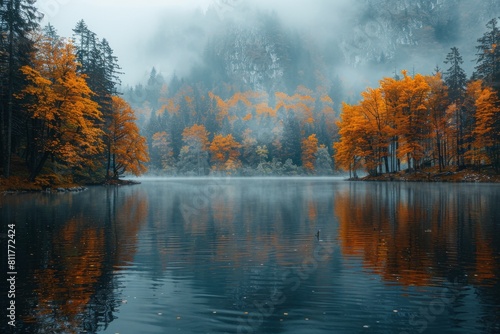 An idyllic and tranquil lake surrounded by a forest that boasts vibrant autumn colors  reflecting serenely in the water