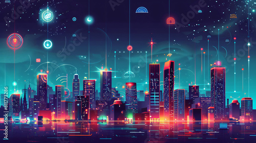 Smart city concept with night urban landscape with ico photo