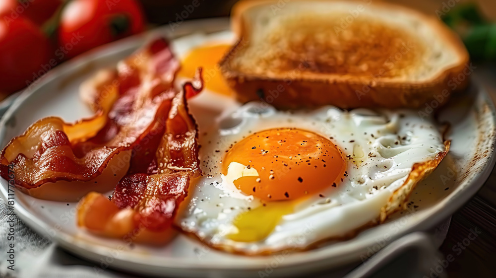 The breakfast table is adorned with a tempting ensemble a fried egg, crispy bacon, and sliced tomatoes,a savory morning delight The breakfast table is adorned with a tempting ensemble a fried egg, crispy bacon, and sliced tomatoes,a savory morning delight